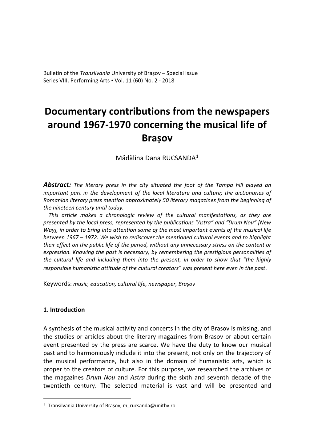 Documentary Contributions from the Newspapers Around 1967-1970 Concerning the Musical Life of Brașov