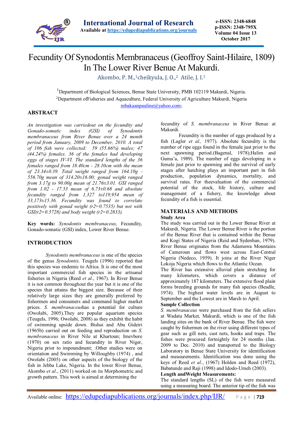 Fecundity of Synodontis Membranaceus (Geoffroy Saint-Hilaire, 1809) in the Lower River Benue at Makurdi