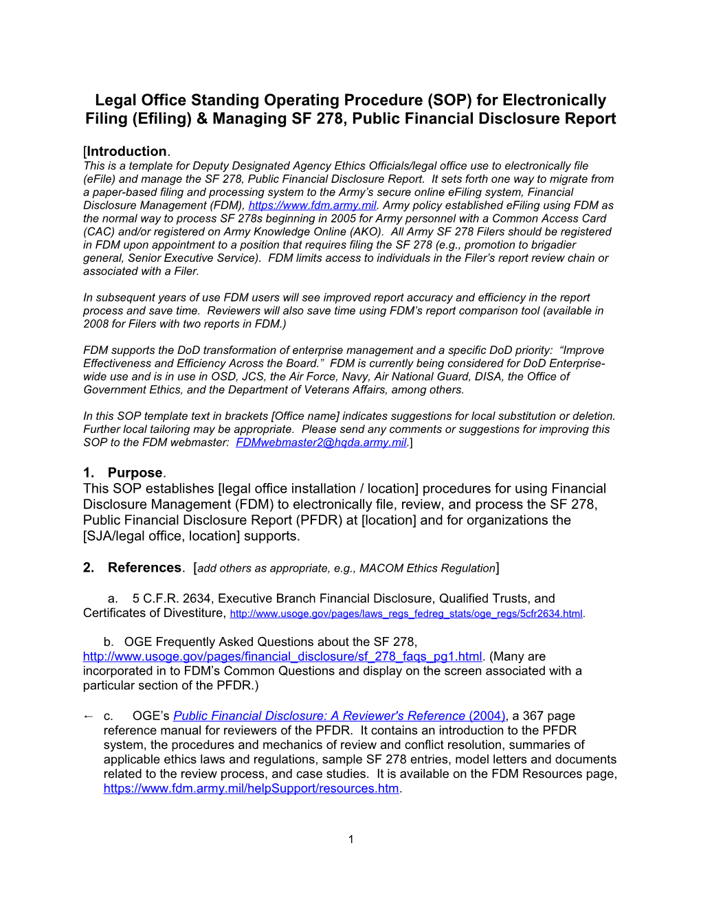 Legal Office Standing Operating Procedure (SOP) For Electronically Filing (Efiling) & Managing SF 278, Public Financial Disclosure Report