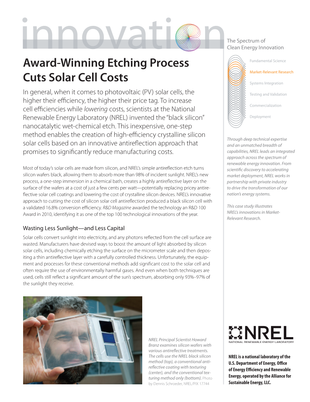 Award-Winning Etching Process Cuts Solar Cell Costs (Revised) (Fact Sheet), the Spectrum of Clean Energy Innovation, NREL (Natio