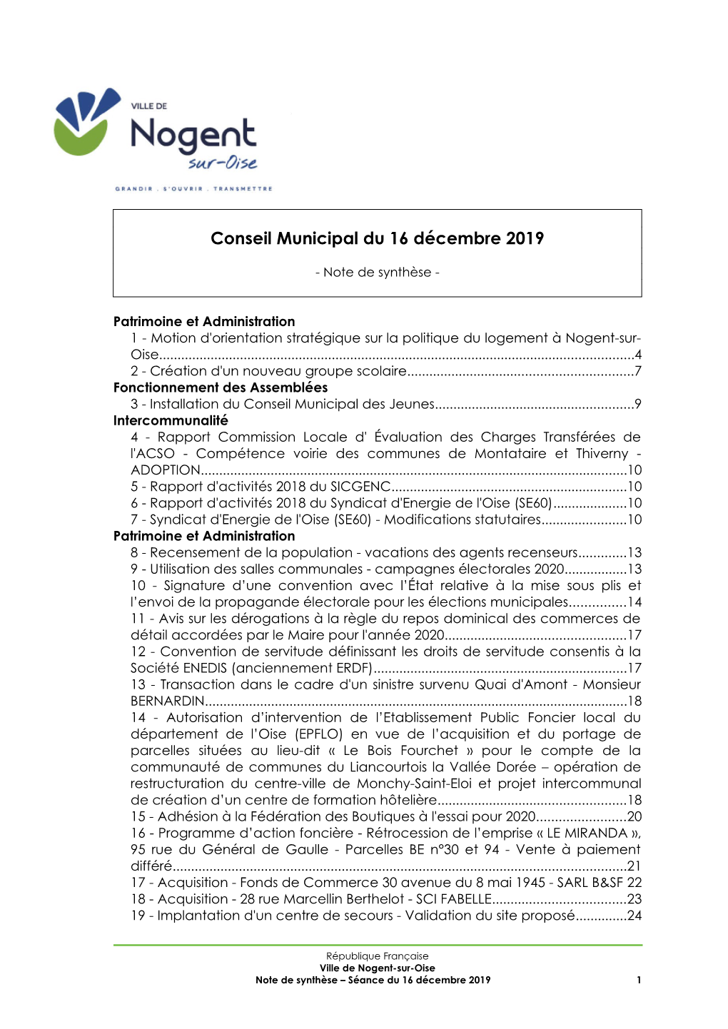 Note De Synthèse Du Conseil Municipal Du 16 Décembre 2019