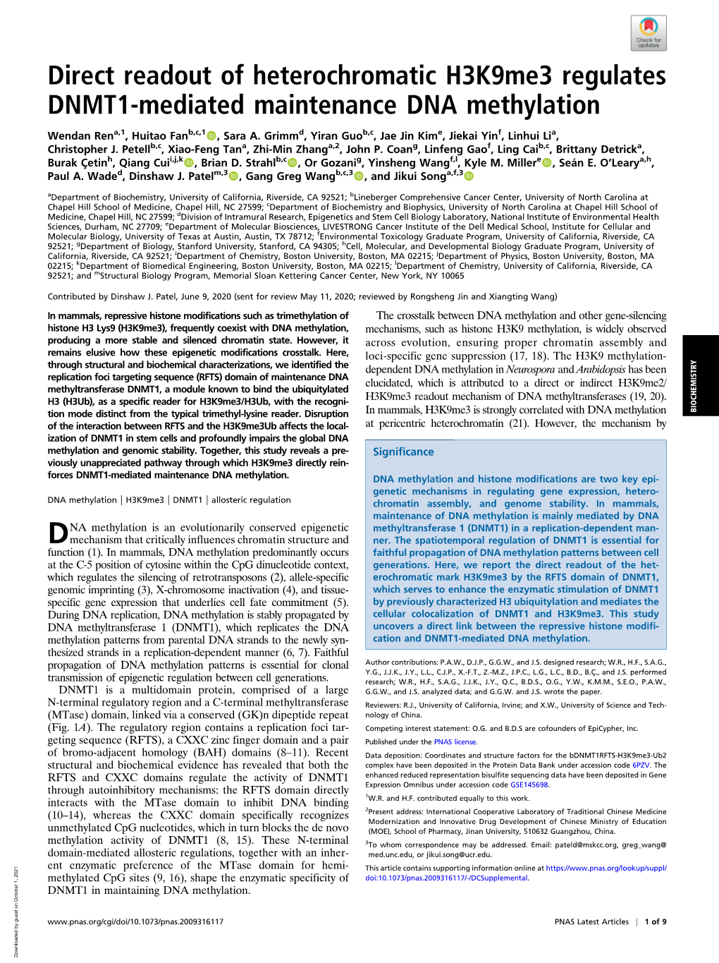 Direct Readout of Heterochromatic H3k9me3 Regulates DNMT1-Mediated Maintenance DNA Methylation