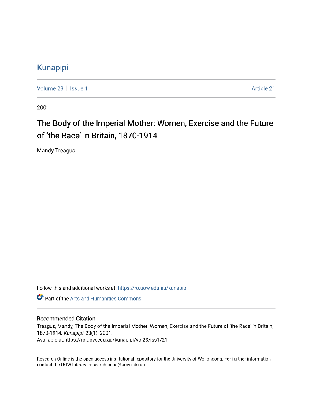 The Body of the Imperial Mother: Women, Exercise and the Future of ‘The Race’ in Britain, 1870-1914