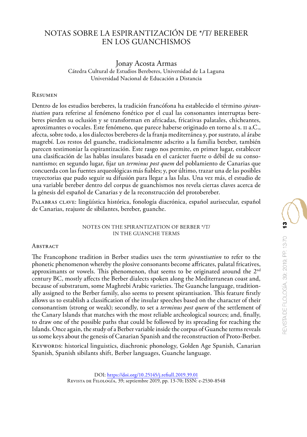 Notas Sobre La Espirantización De */T/ Bereber En Los Guanchismos