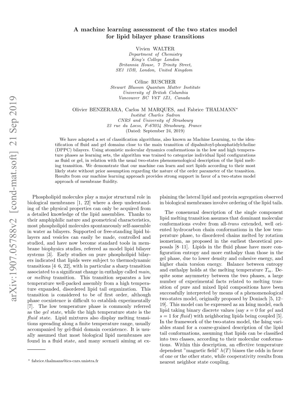 Arxiv:1907.05788V2 [Cond-Mat.Soft] 21 Sep 2019 Phase Coexistence Is Diﬃcult to Establish Experimentally [7]