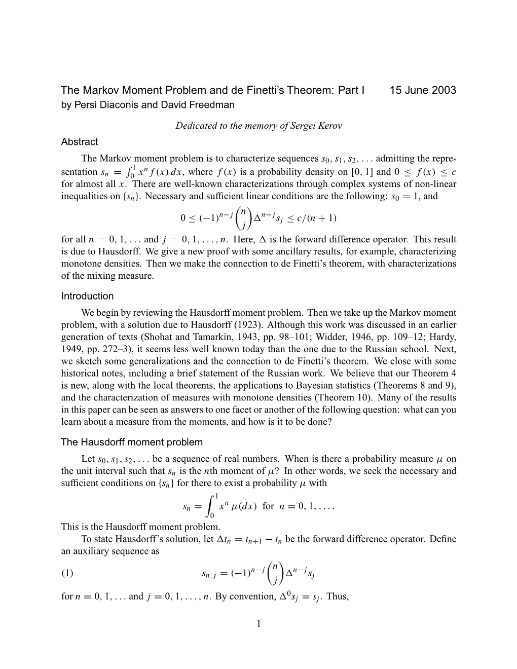 The Markov Moment Problem and De Finetti's Theorem: Part I 15 June 2003