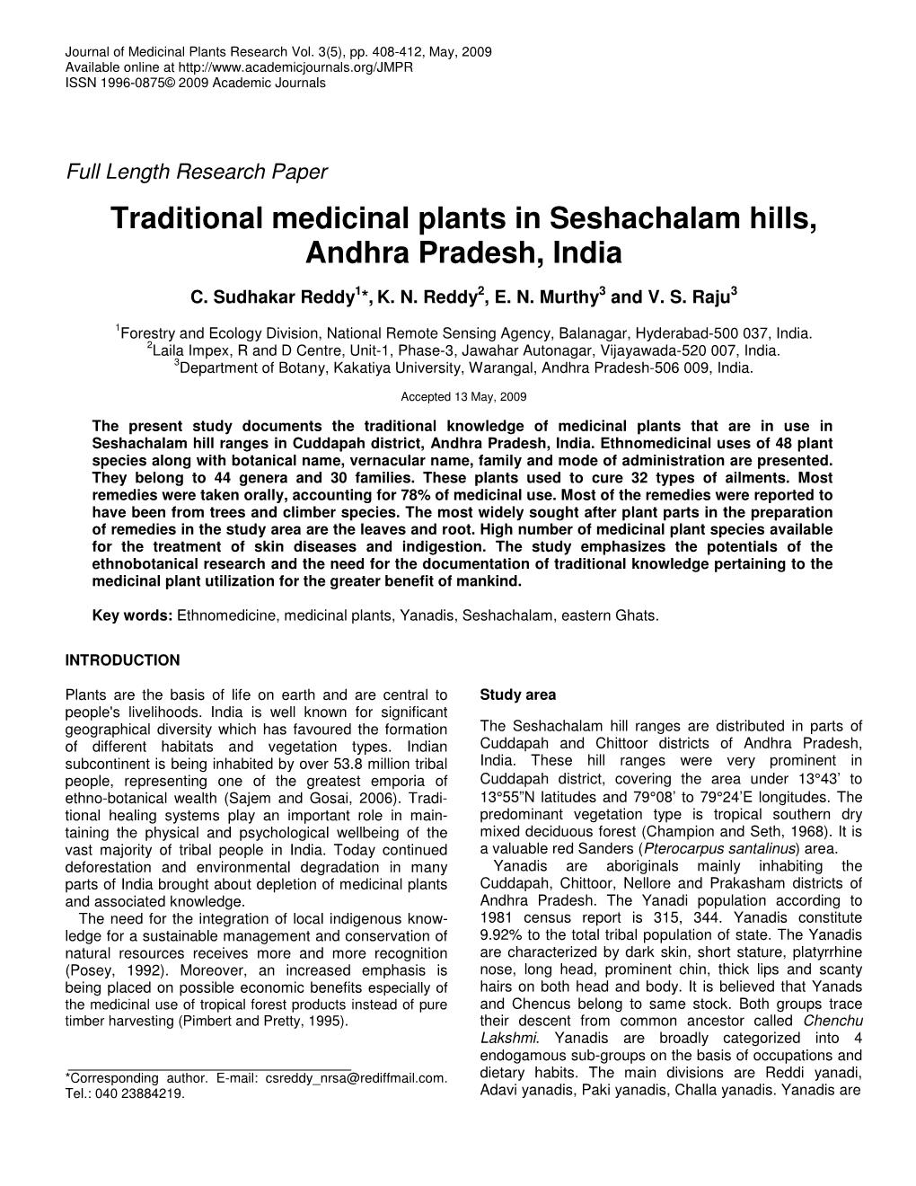 Traditional Medicinal Plants in Seshachalam Hills, Andhra Pradesh, India