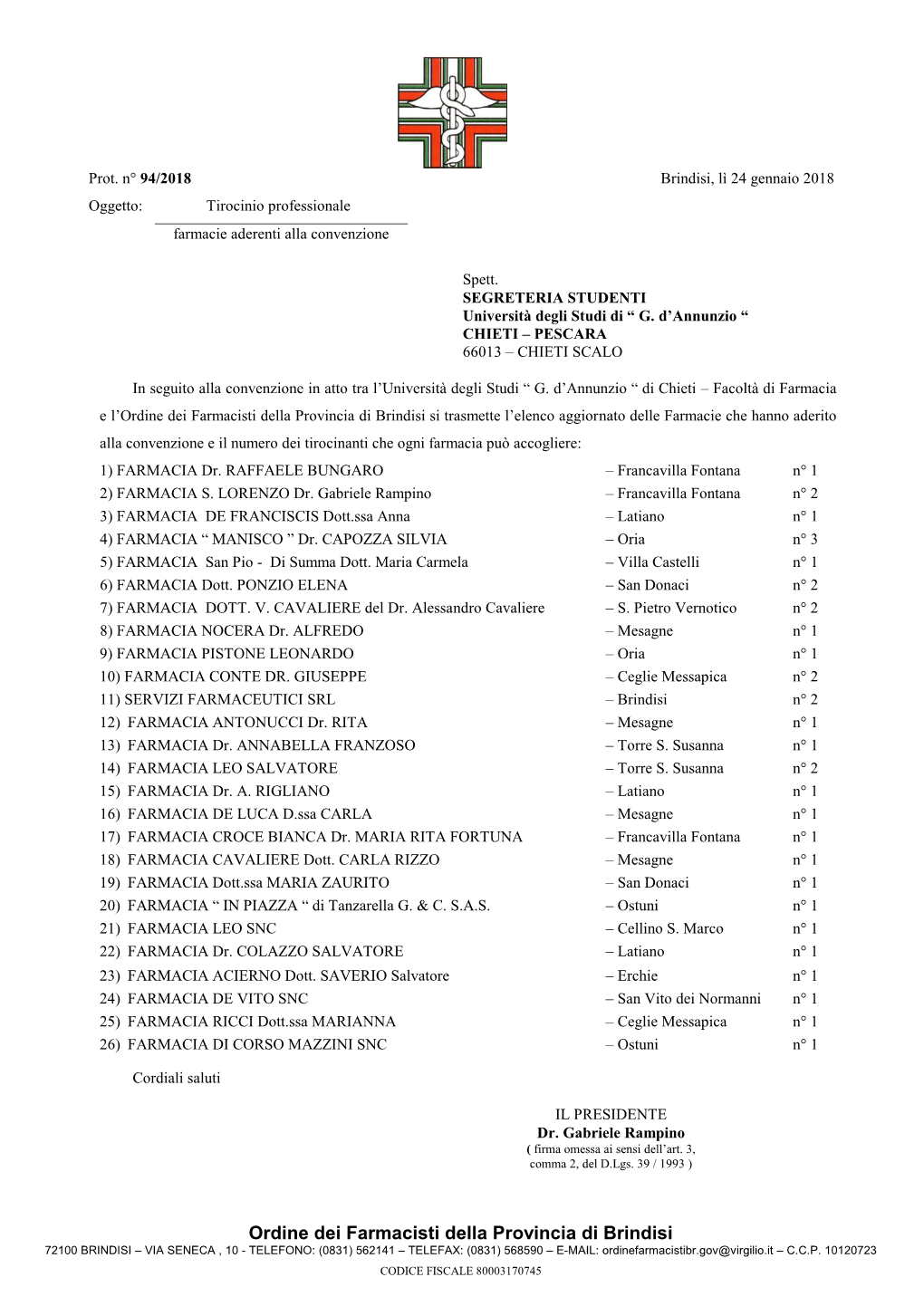 Ordine Dei Farmacisti Della Provincia Di Brindisi