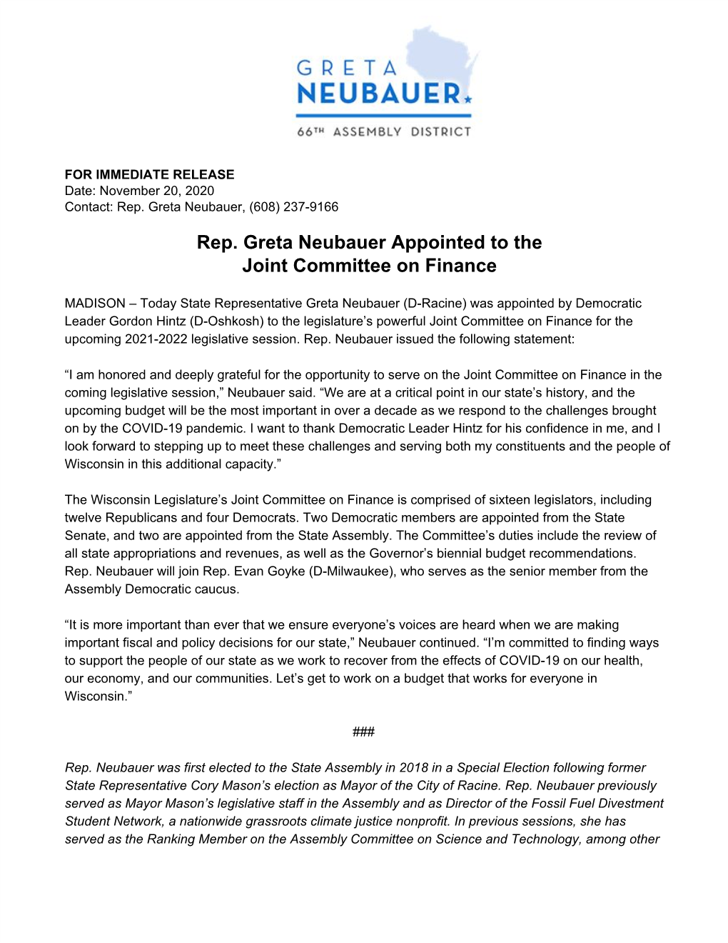 Rep. Greta Neubauer Appointed to the Joint Committee on Finance