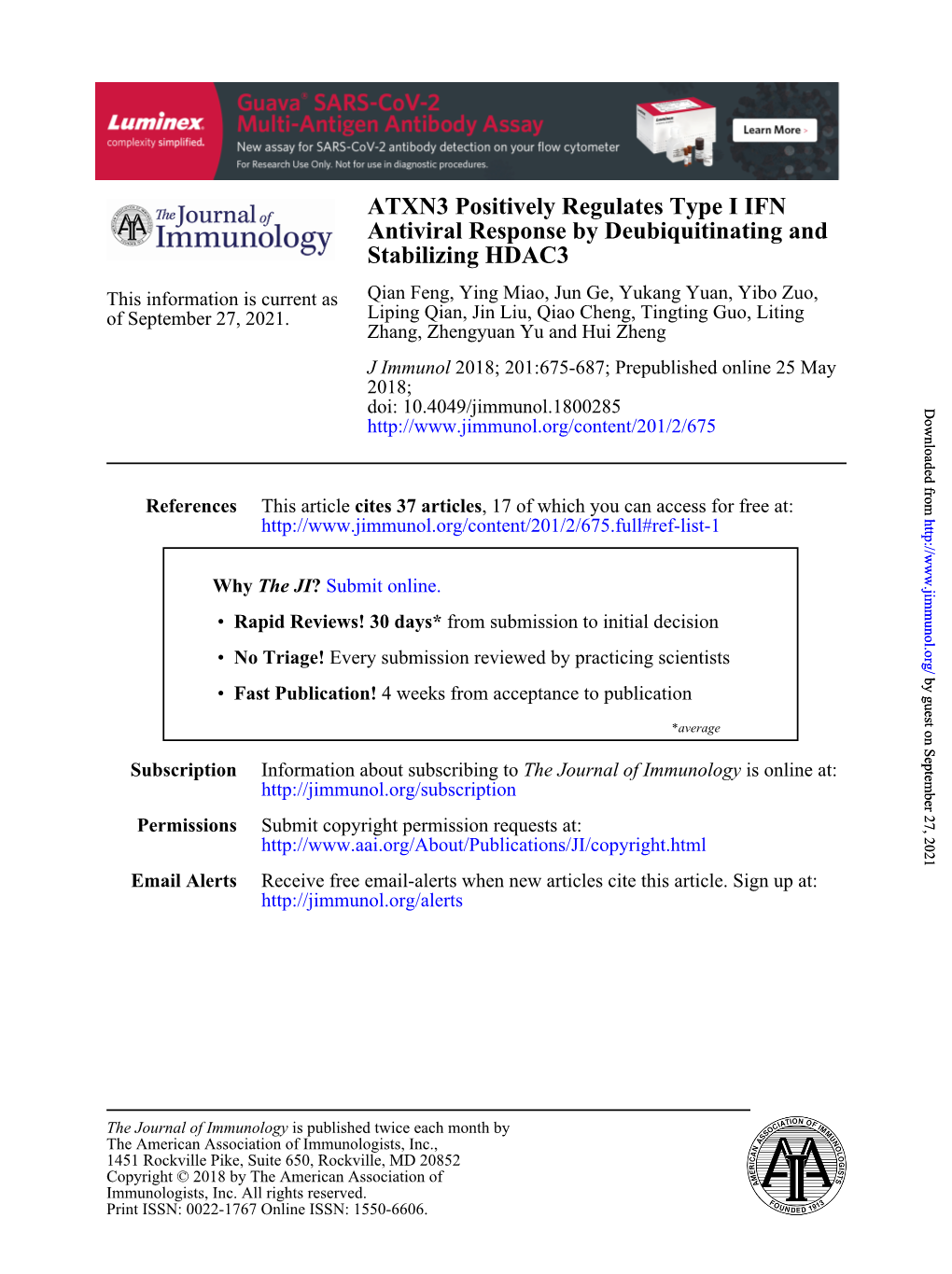 ATXN3 Positively Regulates Type I IFN Antiviral Response by Deubiquitinating and Stabilizing HDAC3