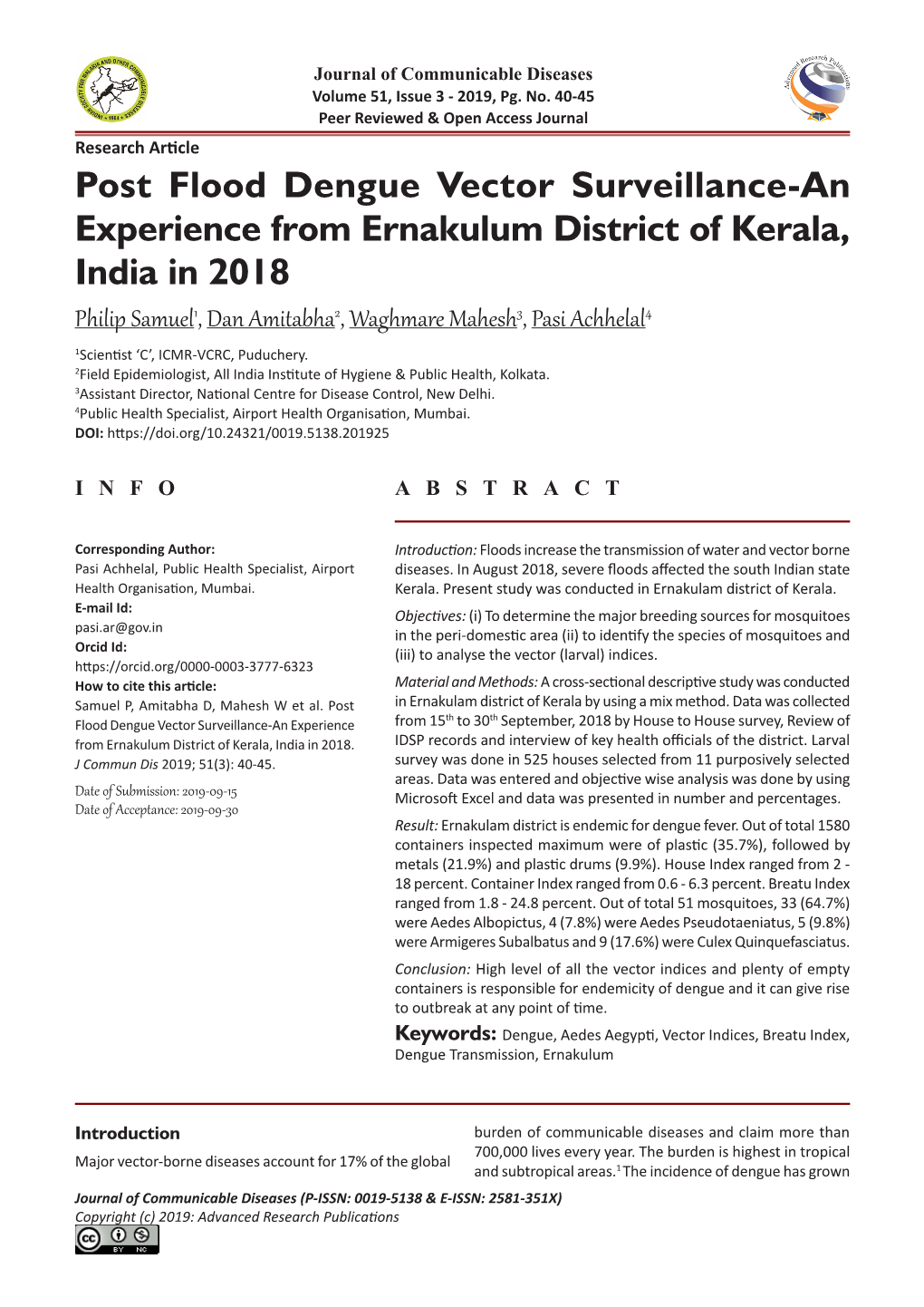 Post Flood Dengue Vector Surveillance-An Experience from Ernakulum District of Kerala, India in 2018
