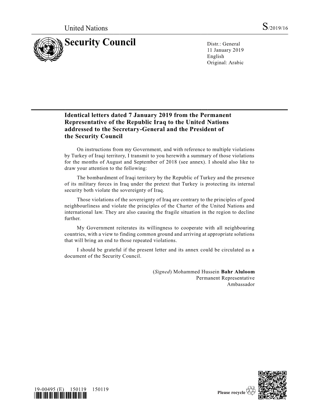 Security Council Distr.: General 11 January 2019 English Original: Arabic