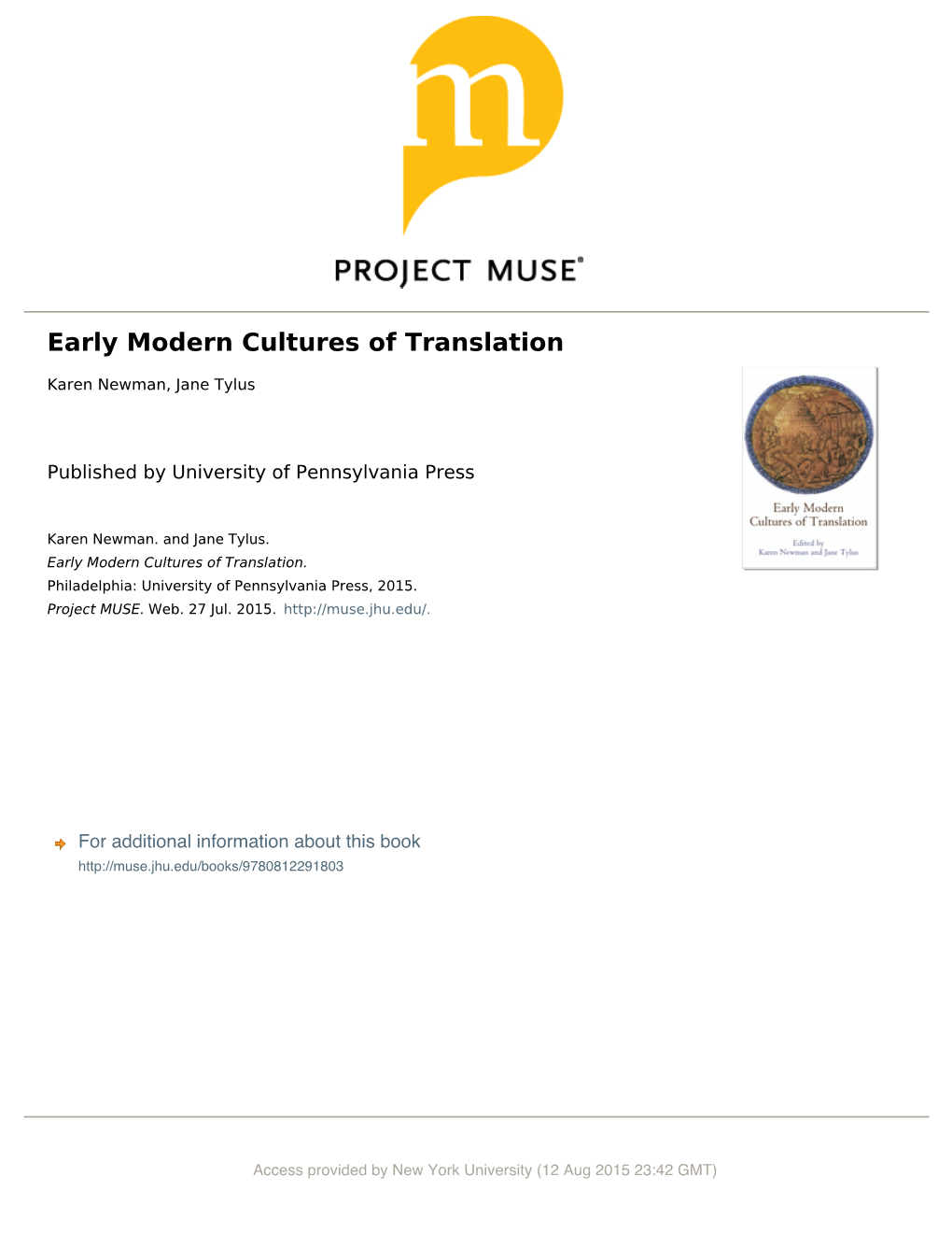 Early Modern Cultures of Translation