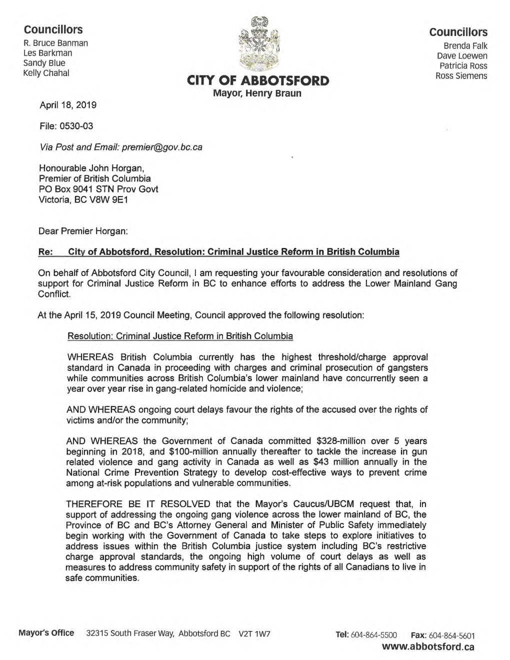 City of Abbotsford, Resolution: Criminal Justice Reform in British Columbia