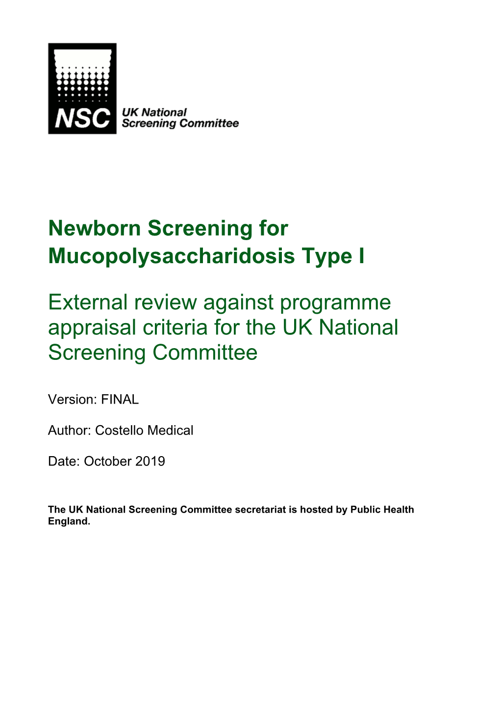 Newborn Screening for Mucopolysaccharidosis Type I