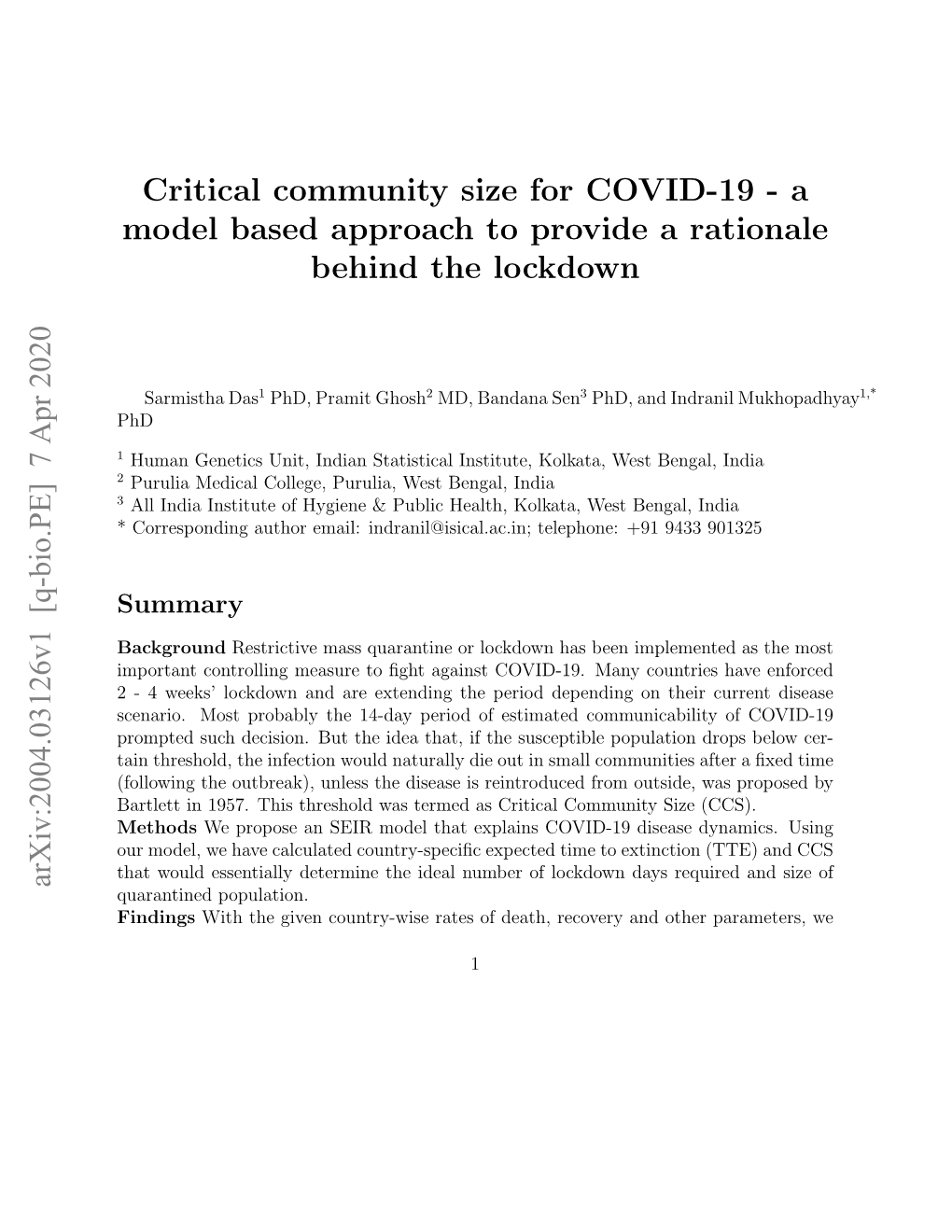 Critical Community Size for COVID-19 - a Model Based Approach to Provide a Rationale Behind the Lockdown