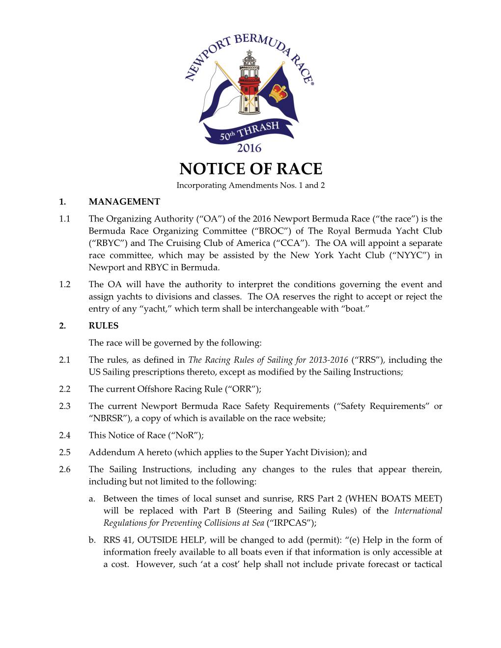 NOTICE of RACE Incorporating Amendments Nos