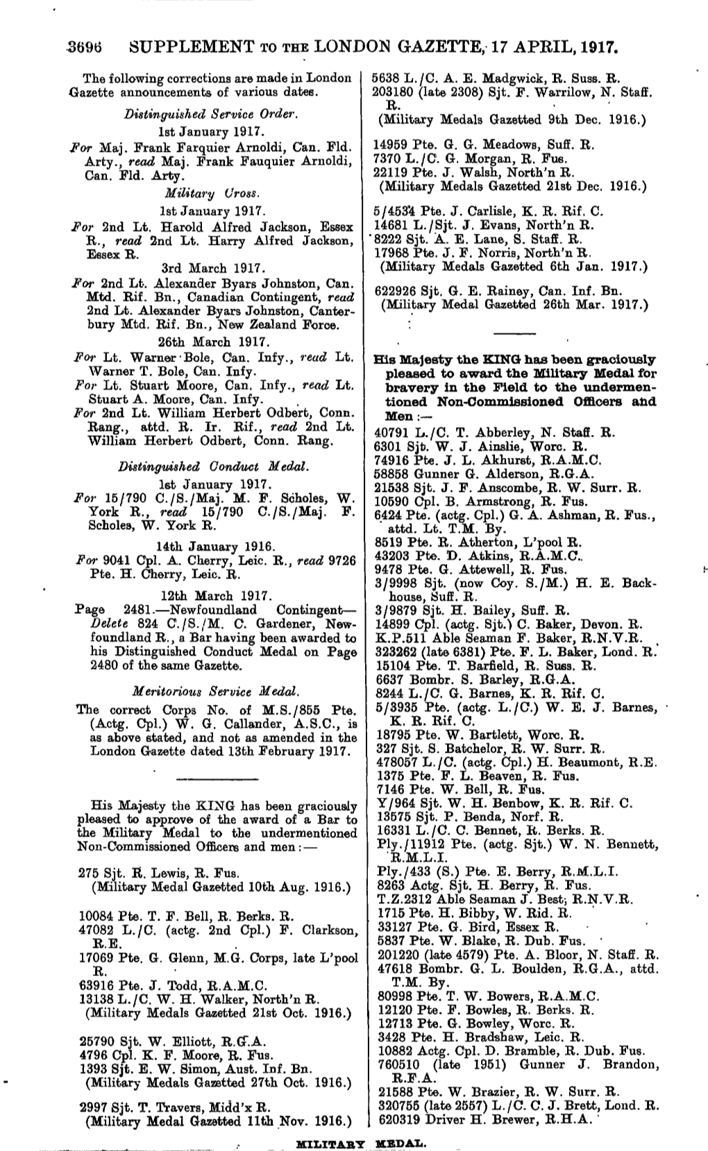 3696 Supplement to the London Gazette, 17 April, 1917