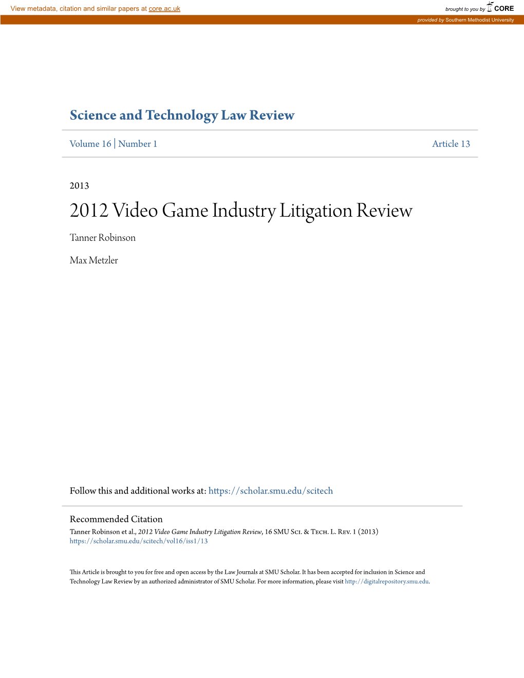 2012 Video Game Industry Litigation Review Tanner Robinson