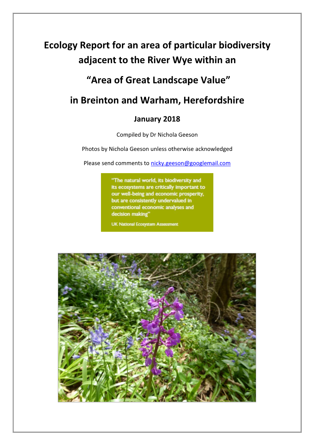 Ecology Report for an Area of Particular Biodiversity Adjacent to the River Wye Within an “Area of Great Landscape Value” in Breinton and Warham, Herefordshire