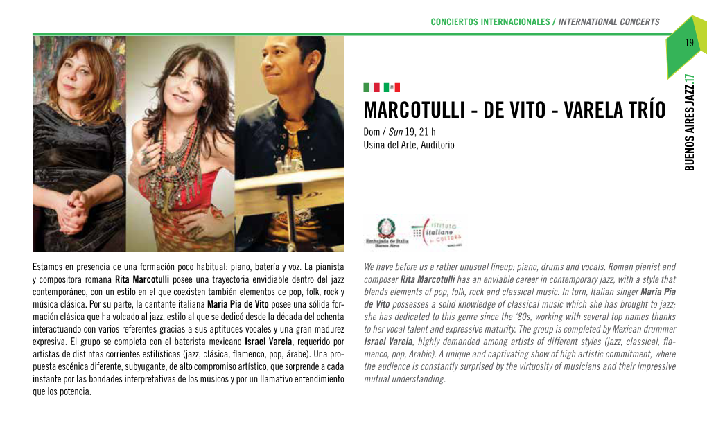 Marcotulli - De Vito - Varela Trío Dom / Sun 19, 21 H Usina Del Arte, Auditorio