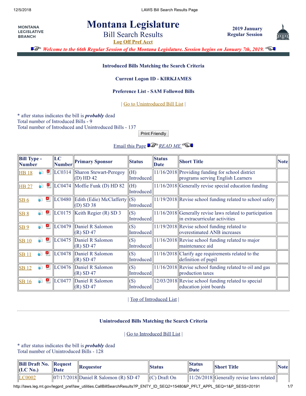 Montana Legislature 2019 January Bill Search Results Regular Session