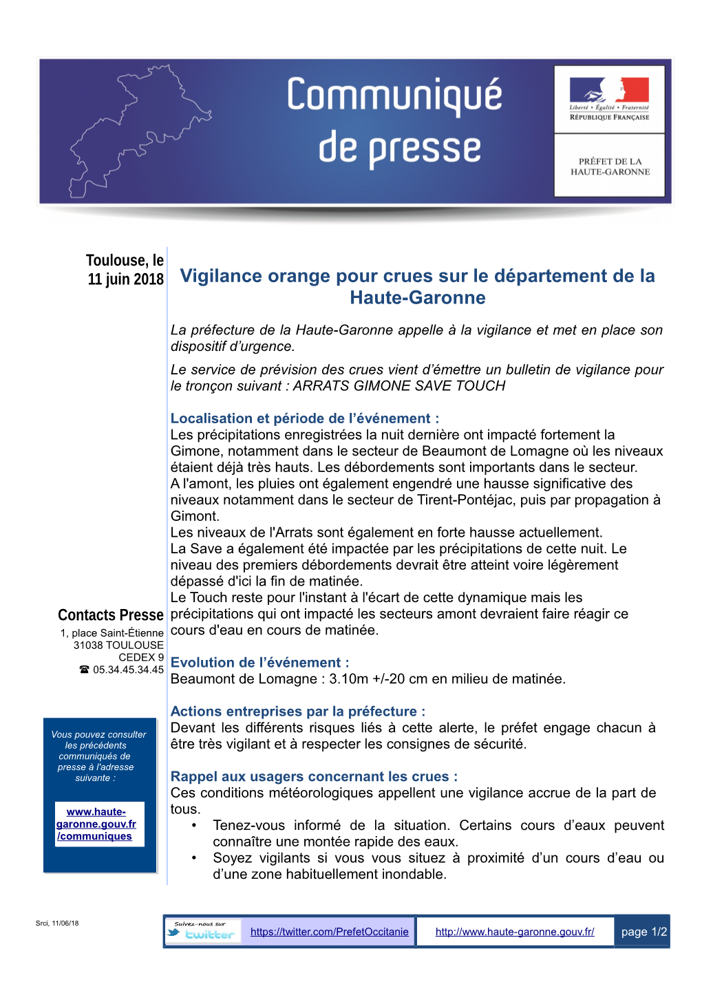 11 Juin 2018 Vigilance Orange Pour Crues Sur Le Département De La Haute-Garonne