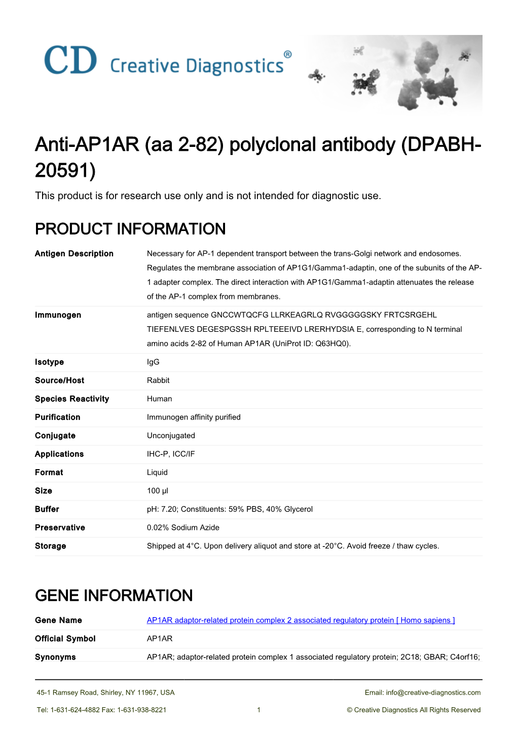 Anti-AP1AR (Aa 2-82) Polyclonal Antibody (DPABH- 20591) This Product Is for Research Use Only and Is Not Intended for Diagnostic Use