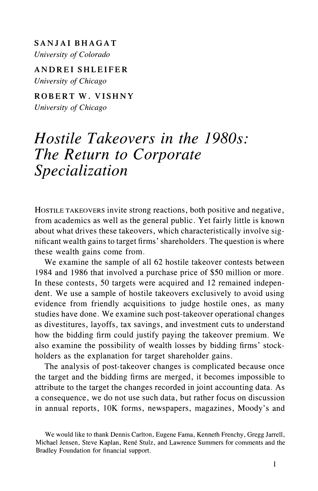 Hostile Takeovers in the 1980S: the Return to Corporate Specialization