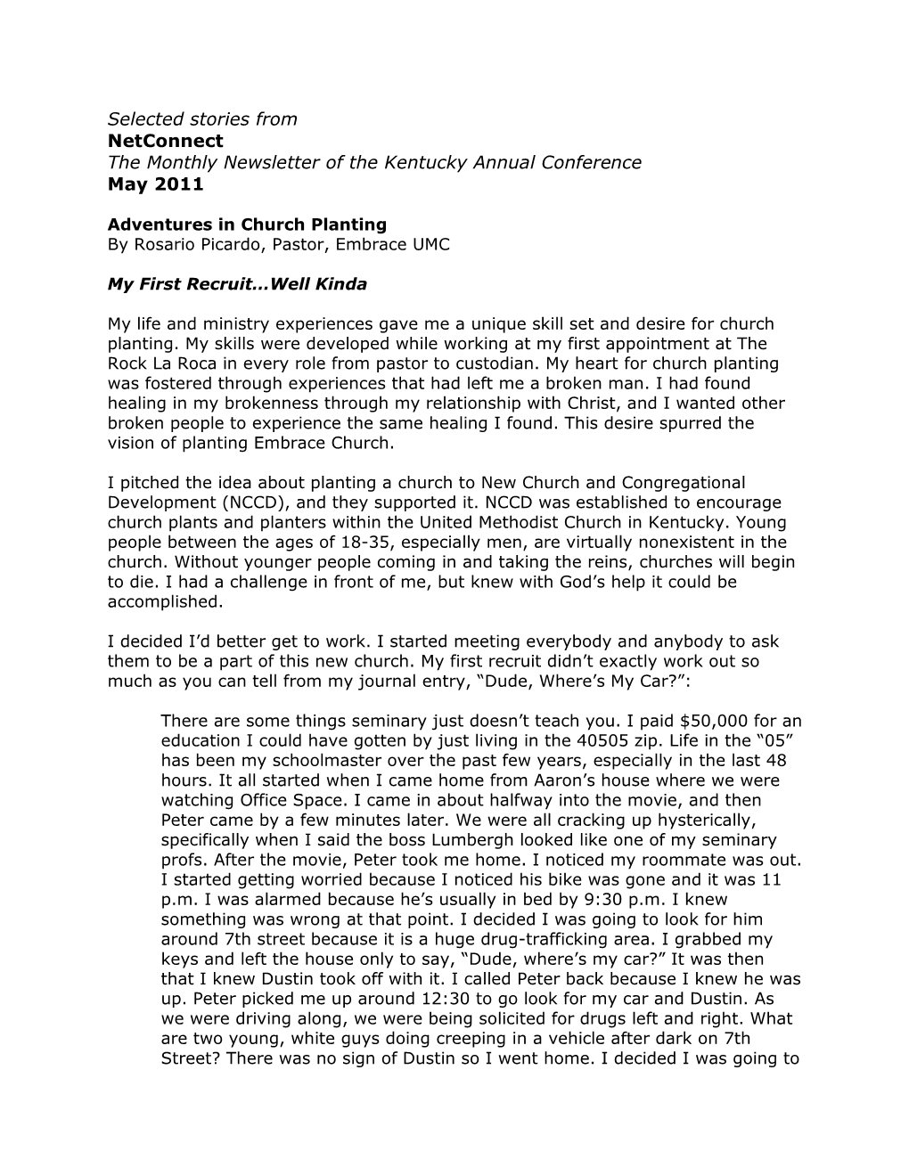 Selected Stories from Netconnect the Monthly Newsletter of the Kentucky Annual Conference May 2011