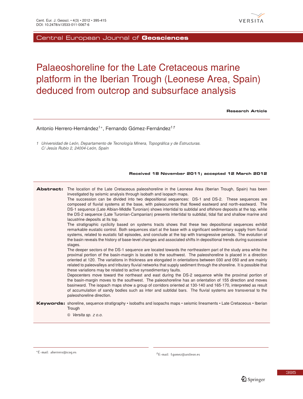 Palaeoshoreline for the Late Cretaceous Marine Platform in the Iberian Trough (Leonese Area, Spain) Deduced from Outcrop and Subsurface Analysis