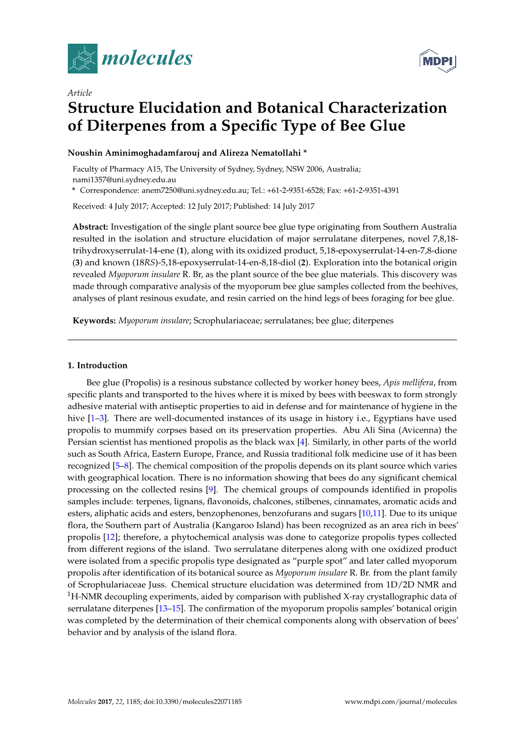 Structure Elucidation and Botanical Characterization of Diterpenes from a Speciﬁc Type of Bee Glue