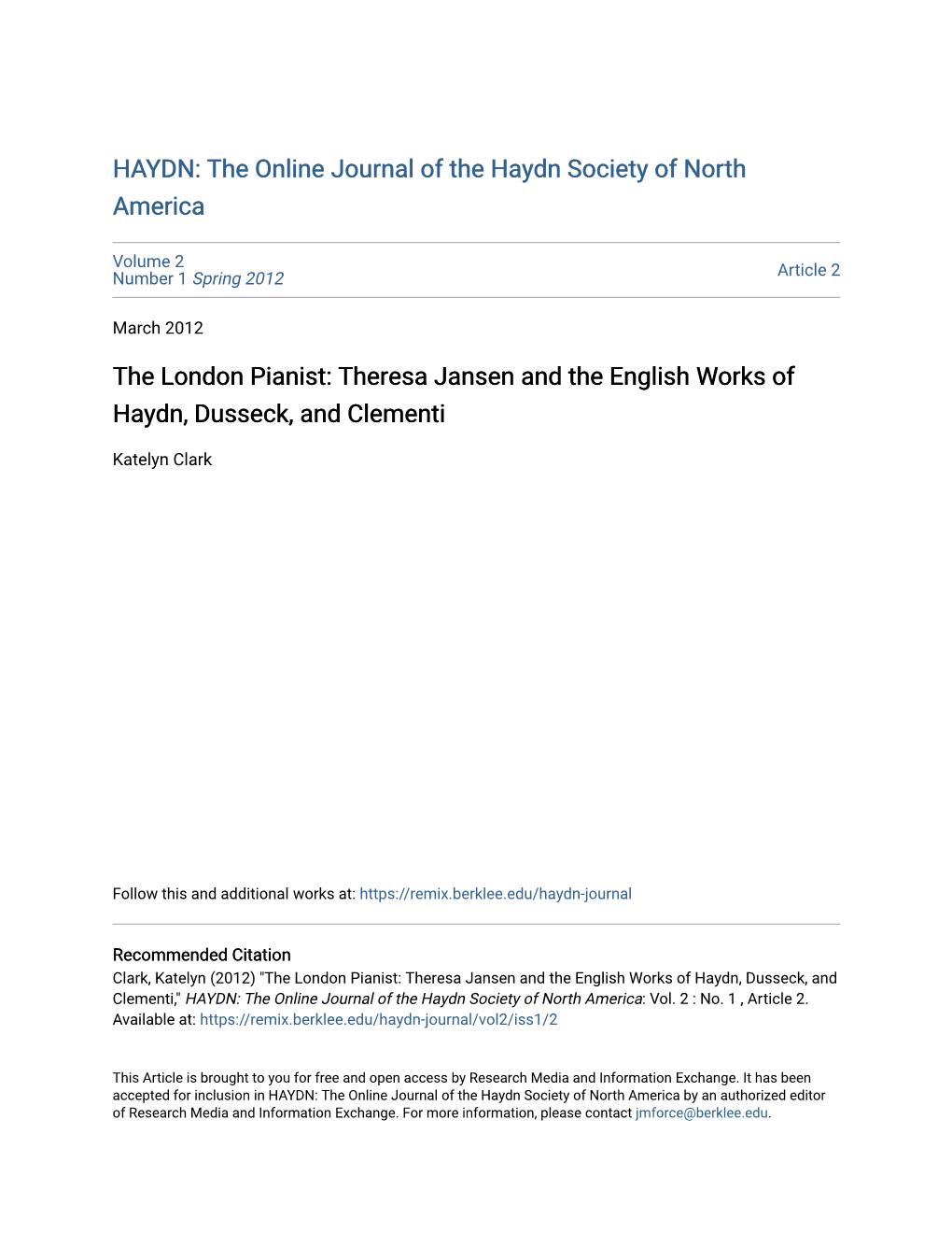 The London Pianist: Theresa Jansen and the English Works of Haydn, Dusseck, and Clementi