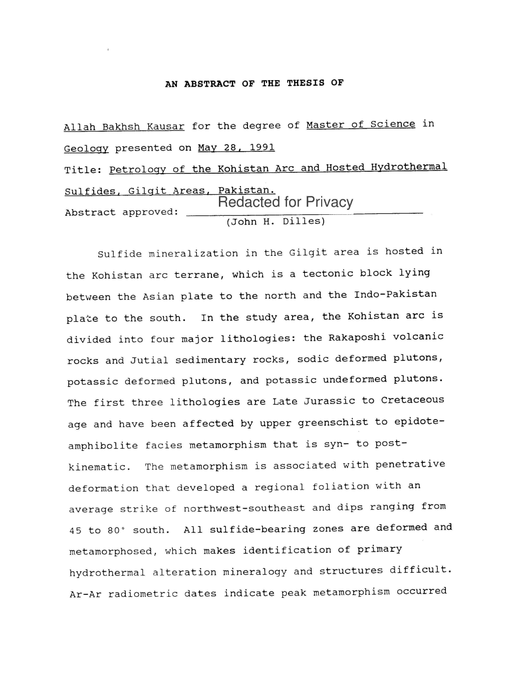 Petrology of the Kohistan Arc and Hosted Hydrothermal Sulfides, Gilgit Area, Pakistan