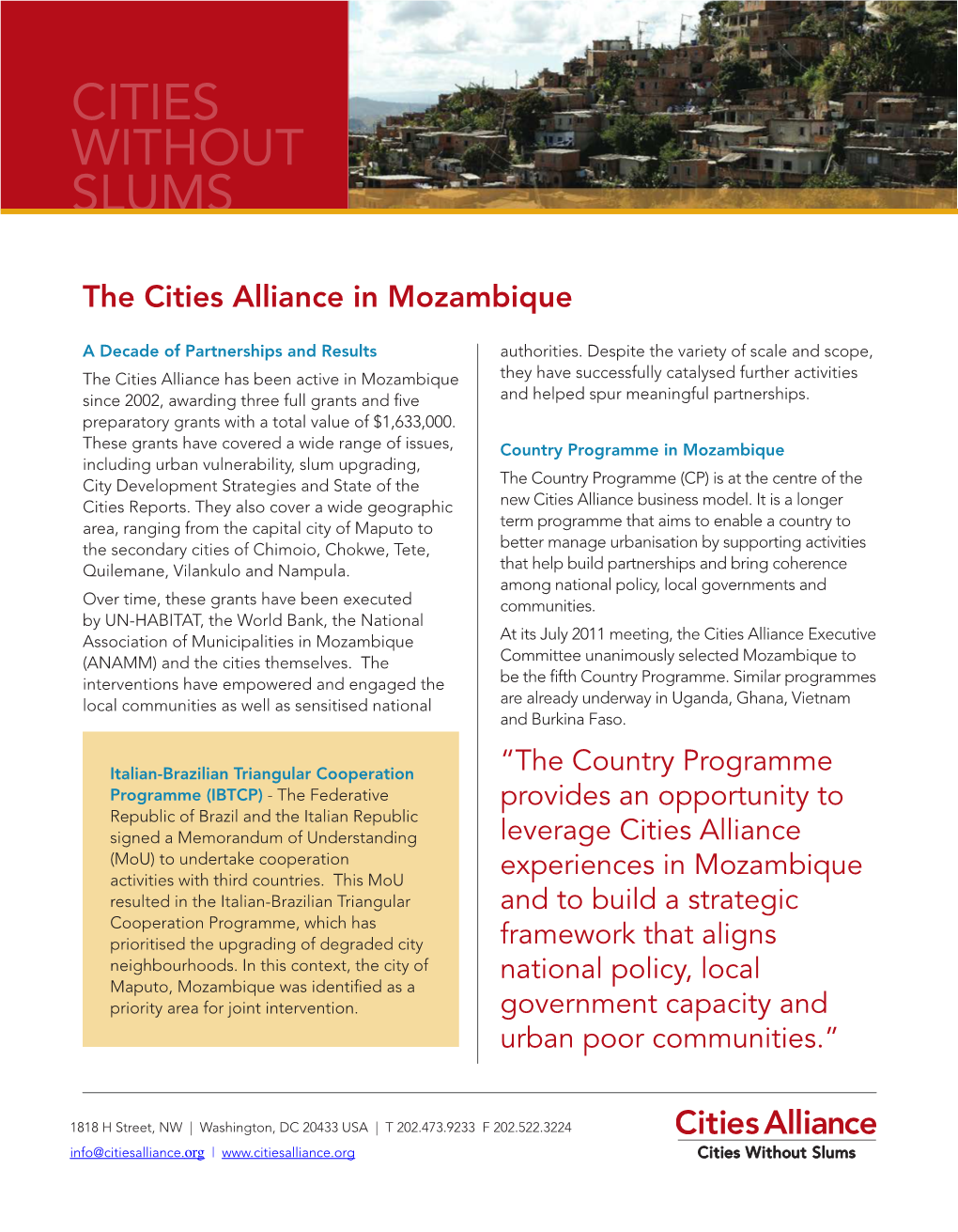 CITIES WITHOUT SLUMS Financing Africa’S Cities the Stakethe of Localcities Investment Alliances in Mozambique by Dr