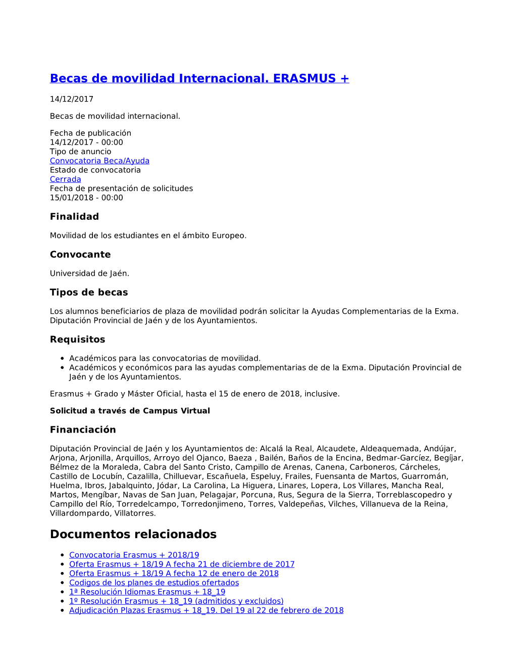 Becas De Movilidad Internacional. ERASMUS + Documentos