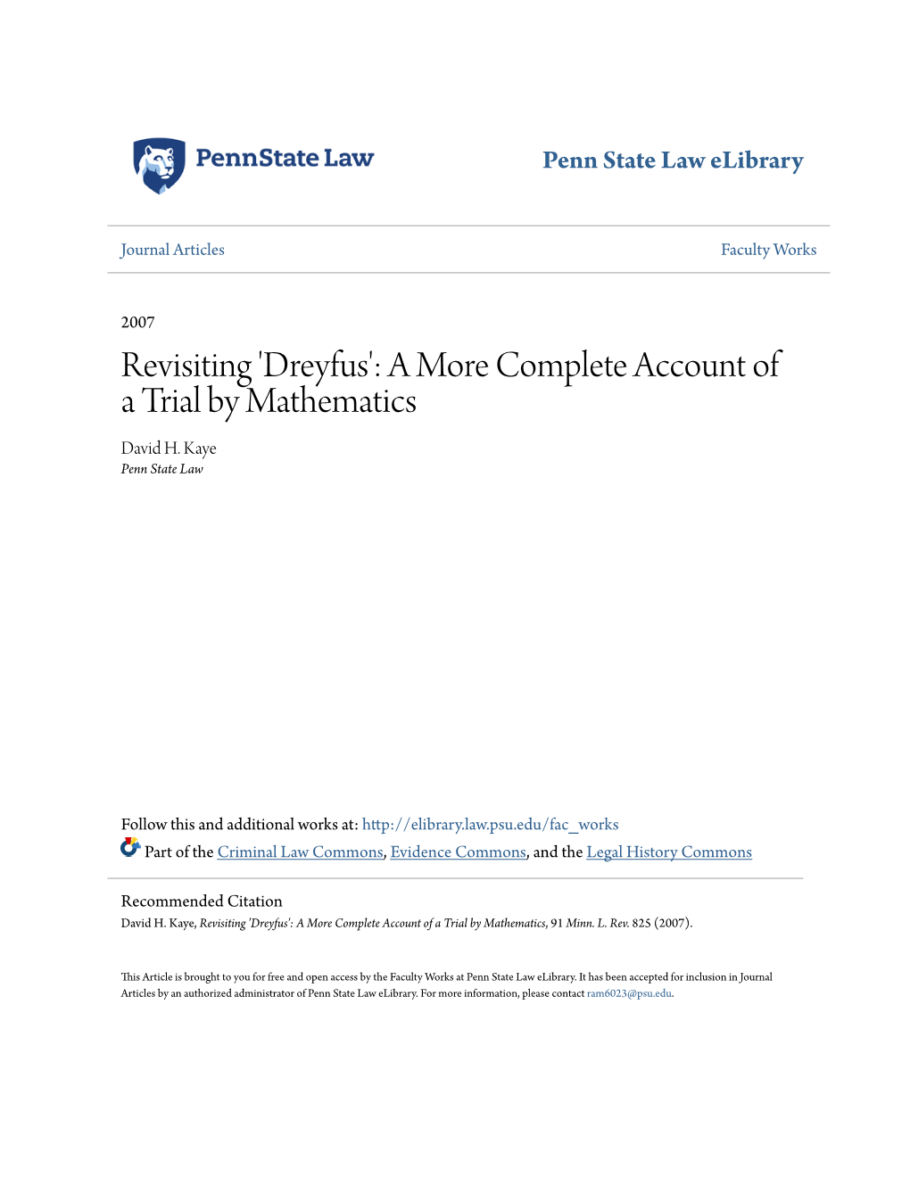 Dreyfus': a More Complete Account of a Trial by Mathematics David H