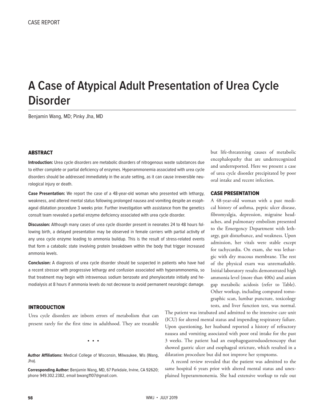 A Case of Atypical Adult Presentation of Urea Cycle Disorder