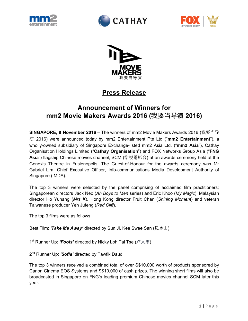 Press Release Announcement of Winners for Mm2 Movie Makers Awards 2016