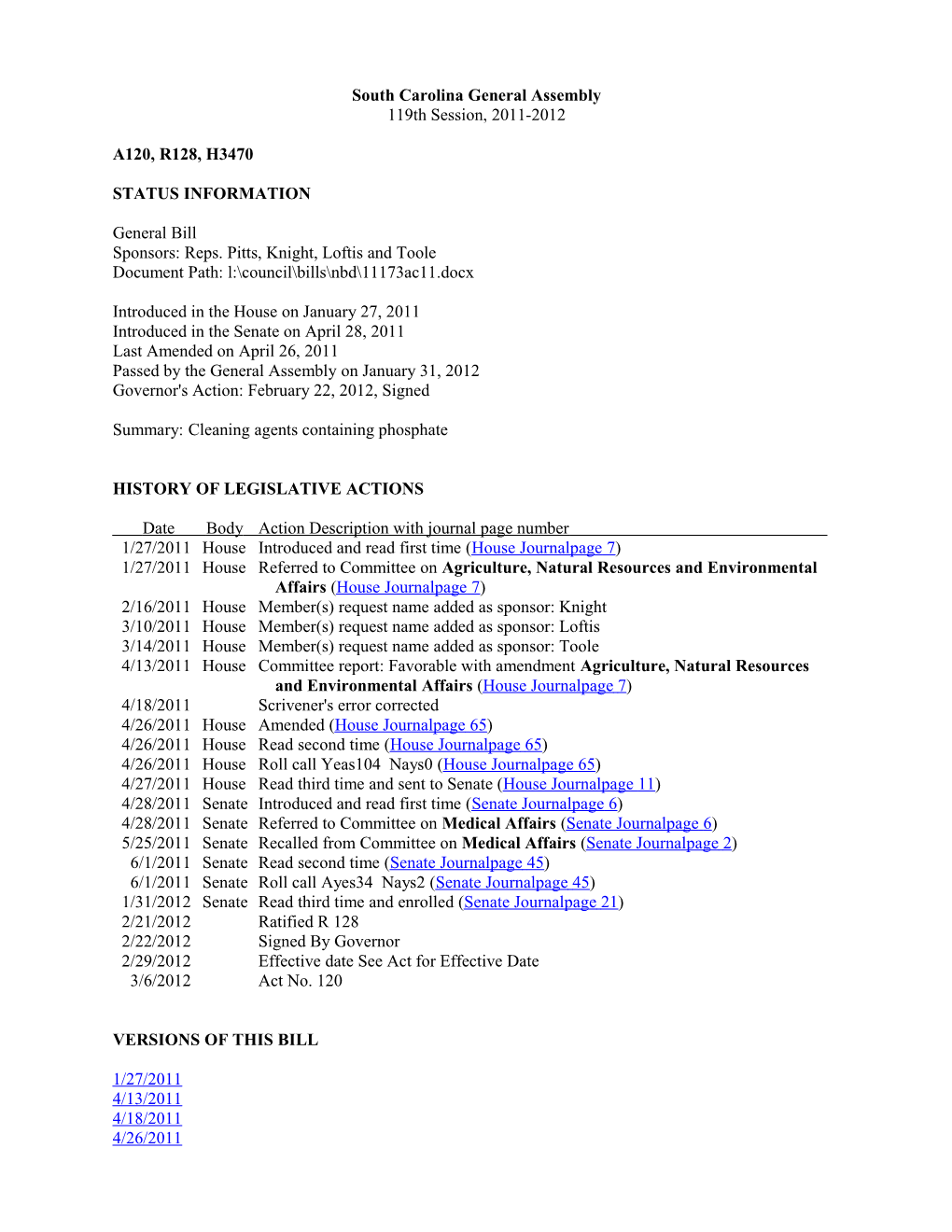 2011-2012 Bill 3470: Cleaning Agents Containing Phosphate - South Carolina Legislature Online