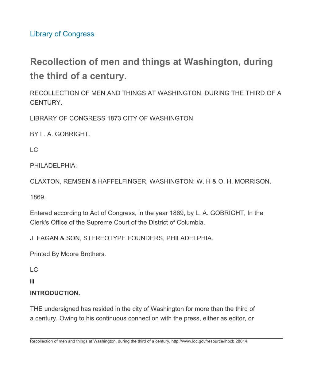 Recollection of Men and Things at Washington, During the Third of a Century