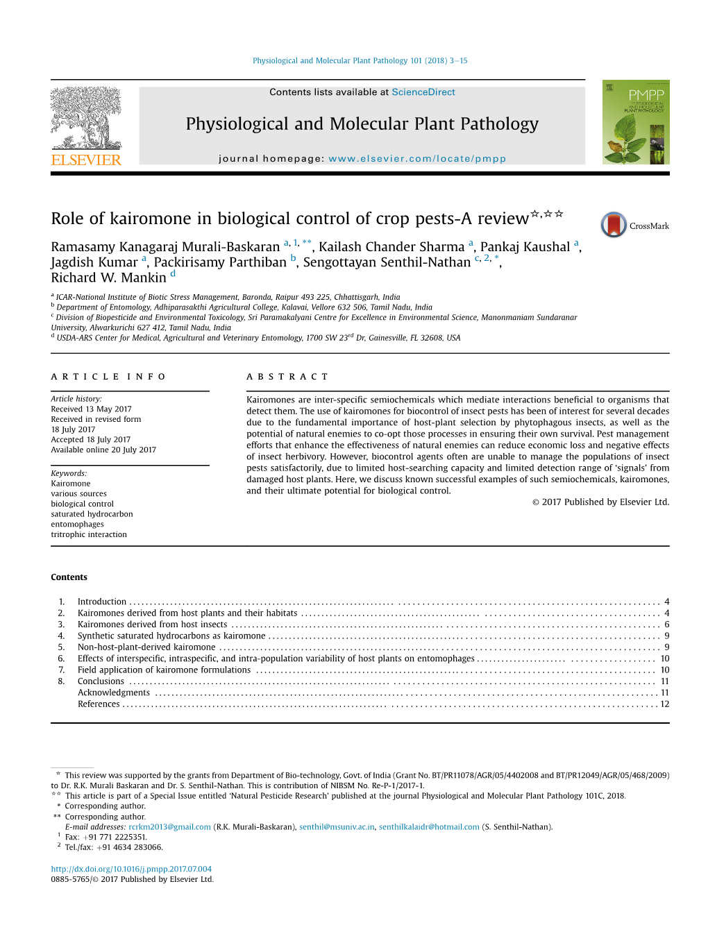 Role of Kairomone in Biological Control of Crop Pests-A Review*,**