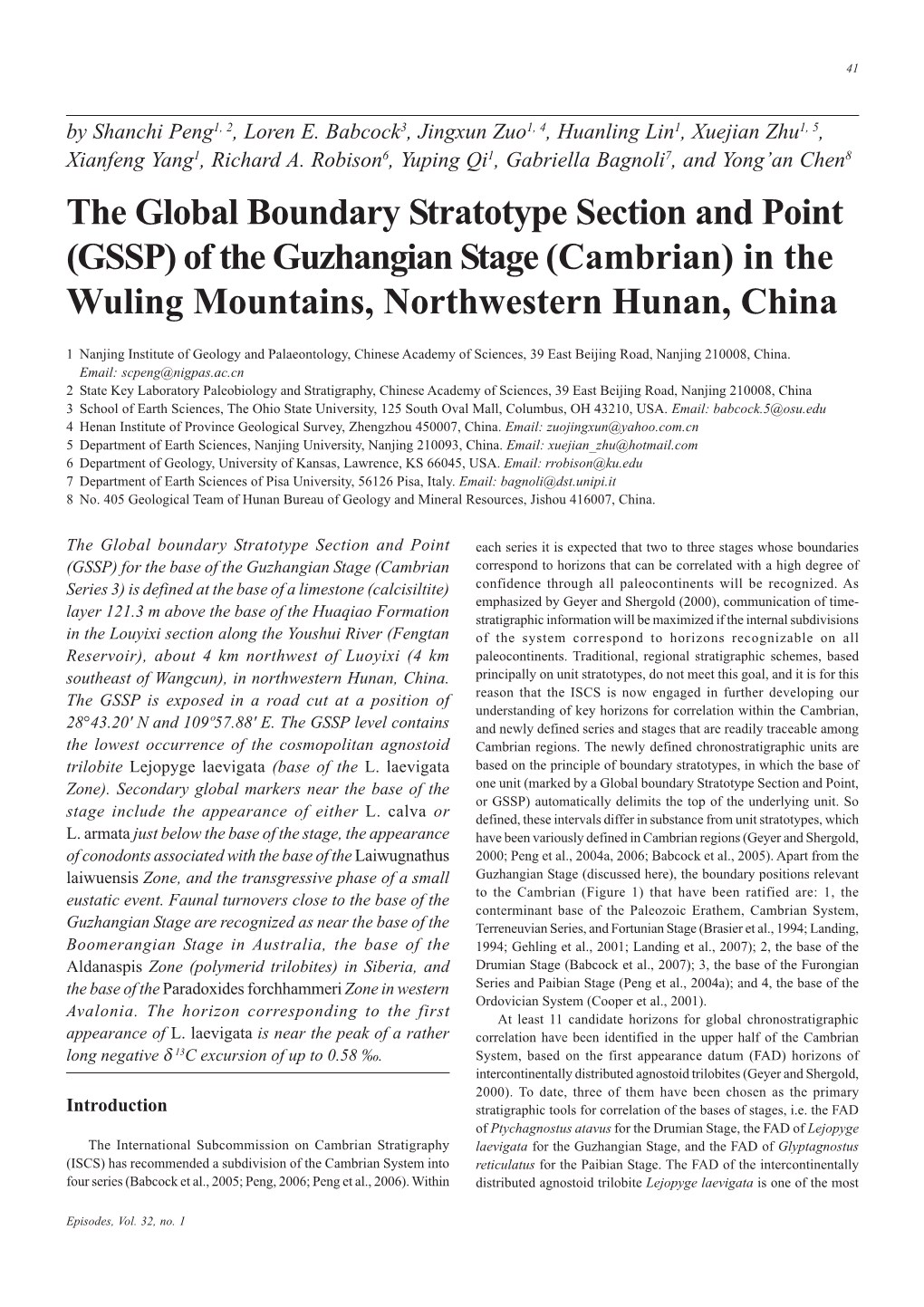 The Global Boundary Stratotype Section and Point (GSSP) of the Guzhangian Stage (Cambrian) in the Wuling Mountains, Northwestern Hunan, China