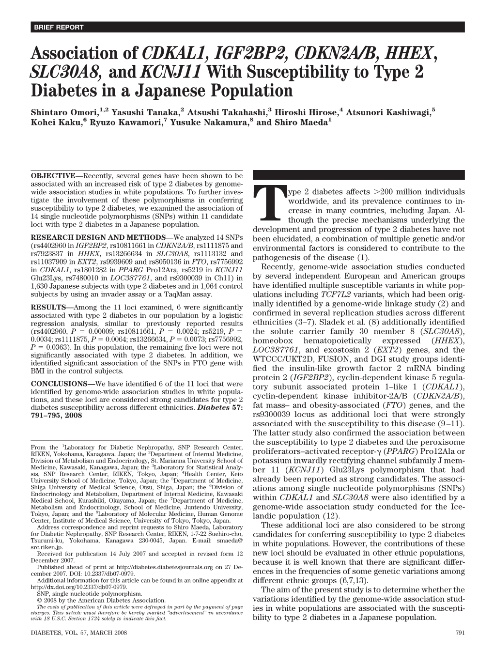 Association of CDKAL1, IGF2BP2, CDKN2A/B, HHEX, SLC30A8, And