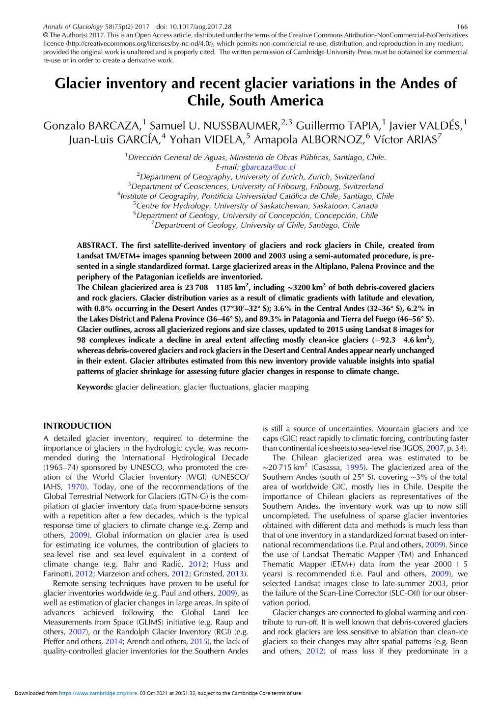 Glacier Inventory and Recent Glacier Variations in the Andes of Chile, South America