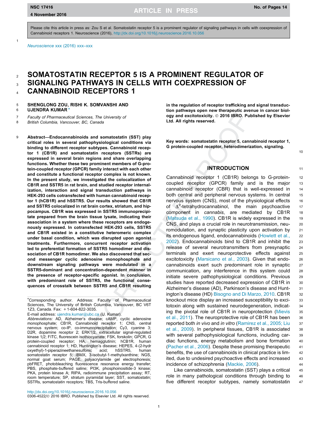 Somatostatin Receptor 5 Is a Prominent Regulator of Signaling Pathways in Cells with Coexpression of Cannabinoid Receptors 1