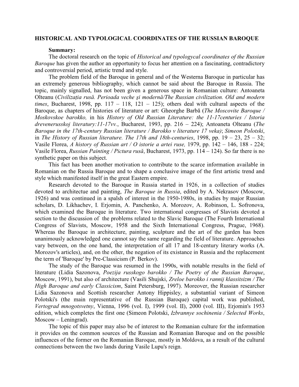 HISTORICAL and TYPOLOGICAL COORDINATES of the RUSSIAN BAROQUE Summary