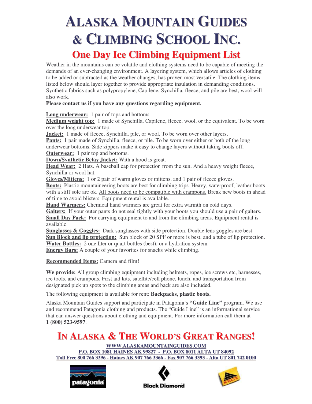 One Day Ice Climbing Equipment List