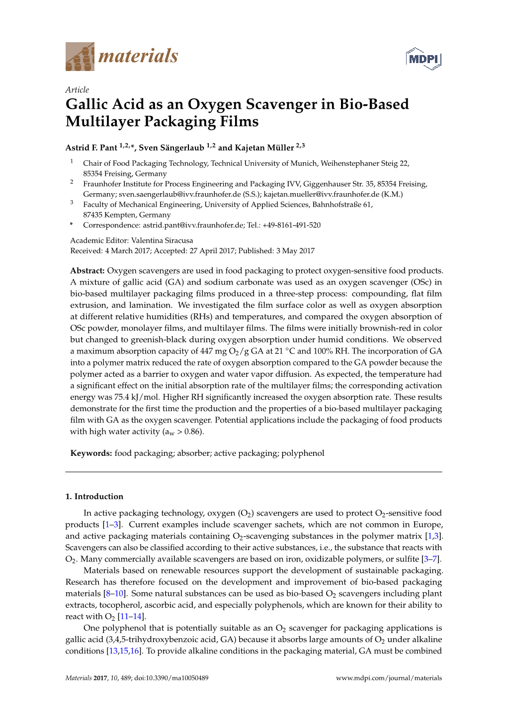Gallic Acid As an Oxygen Scavenger in Bio-Based Multilayer Packaging Films