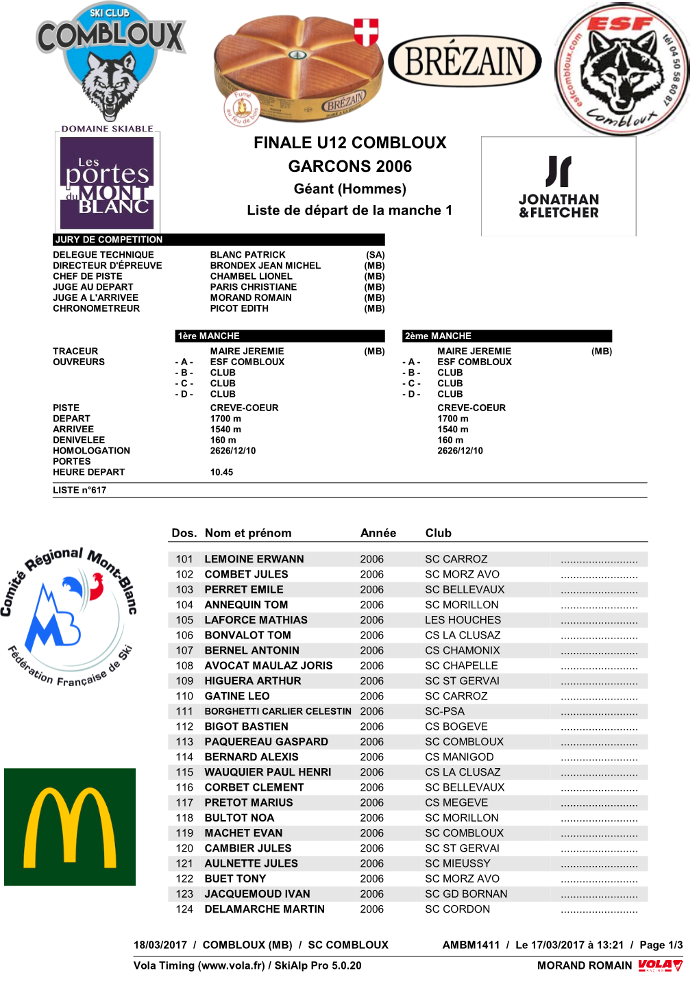 FINALE U12 COMBLOUX GARCONS 2006 Géant (Hommes) Liste De Départ De La Manche 1